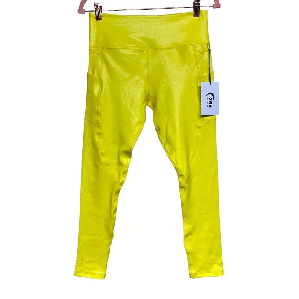 Zyia Hi-Rise Light N Tight Leggings Neon Yellow Metallic Pockets Women’s 8-10